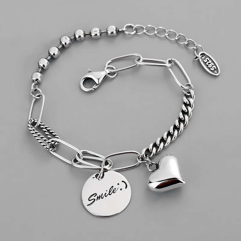 

925 Sterling Silver Love Heart Pendant Bracelet ins Female Jewelry Retro Thai Silver Thick Chain Round Letter Bracelet