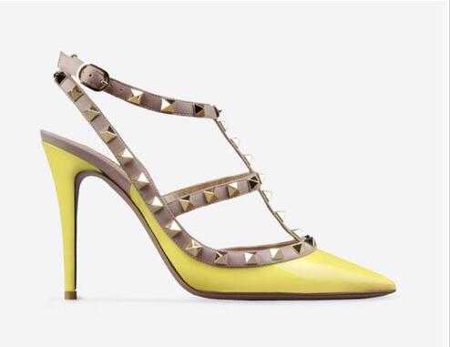 Vente Designer pointus Toe High Talons Cuir Rivets Chaussures Femmes Chaussures Saint Valentin Chaussures à talons hauts 2-Sangle avec des goujon