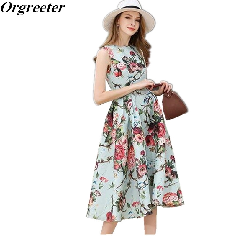 

Orgreeter Print Floral Runway Party Dress Summer Casual Big Size Office Work Long Mid-calf 210525, Picture color