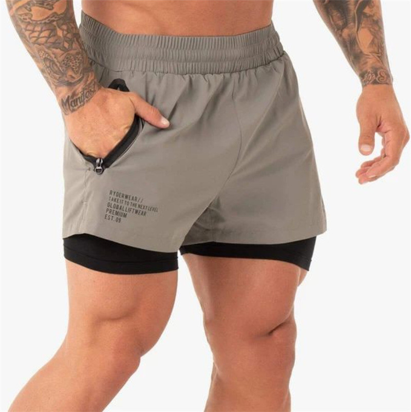 

Summer running shorts men 2 in 1 Joggers Shorts fitness shorts Menss Gym training Quick-drying sports male short Trouse, Beige