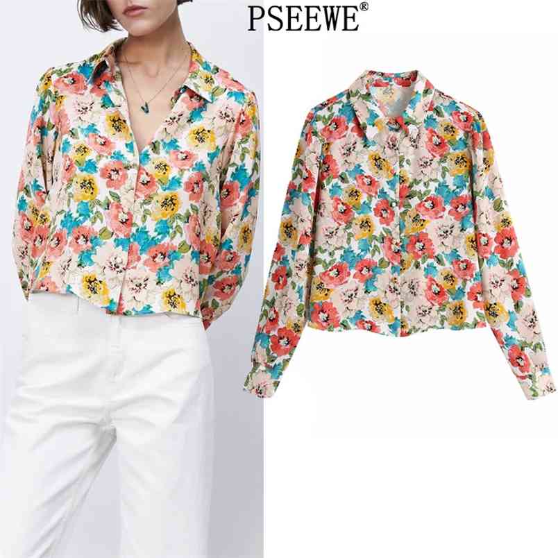 

Blouse Woman Floral Print Crop Top Women Shirt Vintage Button Up Long Sleeve Female Chic Summer 210519, Multi