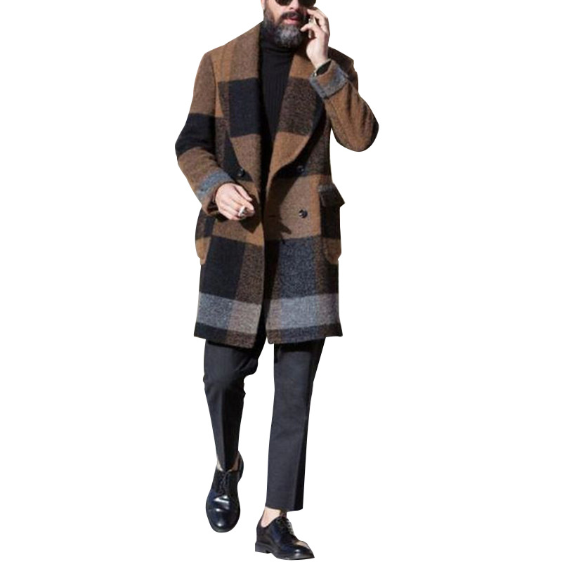 

Mens Wool Blends Coats Winter Plaid Turn-Down Collar Overcoat Male Warm Woolen Outwear Plus Size Long Trench Outerwear