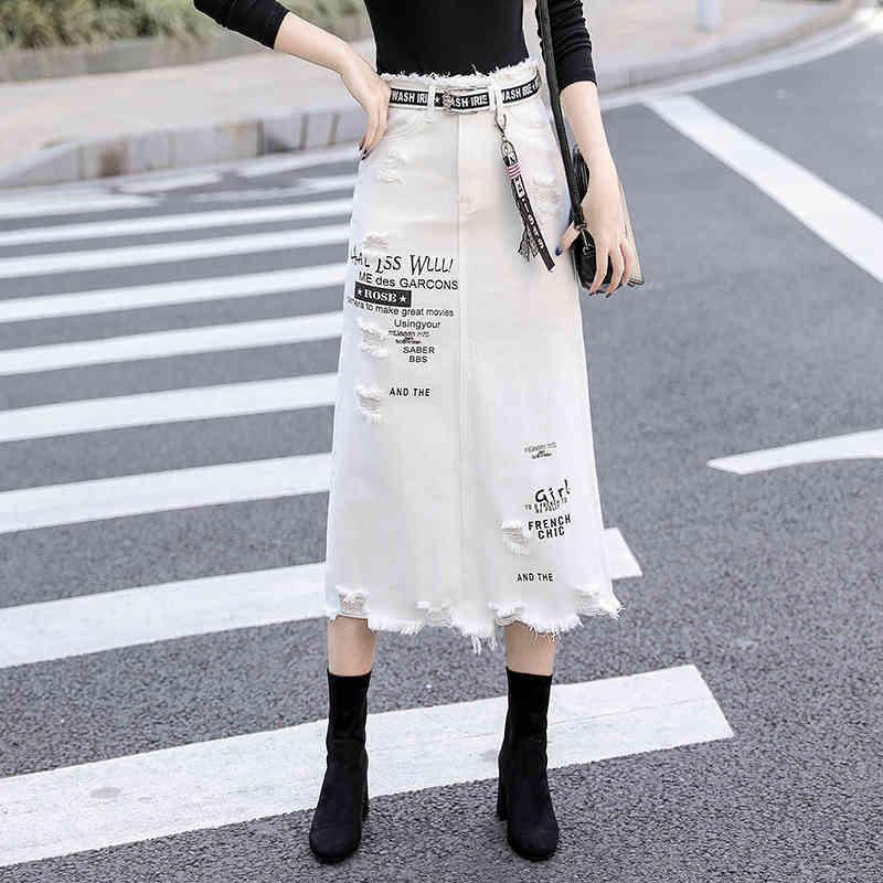 

Women Front Hole Denim Skirt Fashion Spring Summer Long s High Waist Casual White Jeans Plus Size  210429
