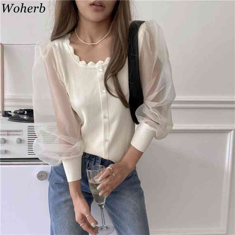 

Vintage Korean Knitted T-shirt Women Summer Tops Mesh See Through Puff Sleeve O-neck Tee Shirts Elegant Sweet Tshirt 210519, Green