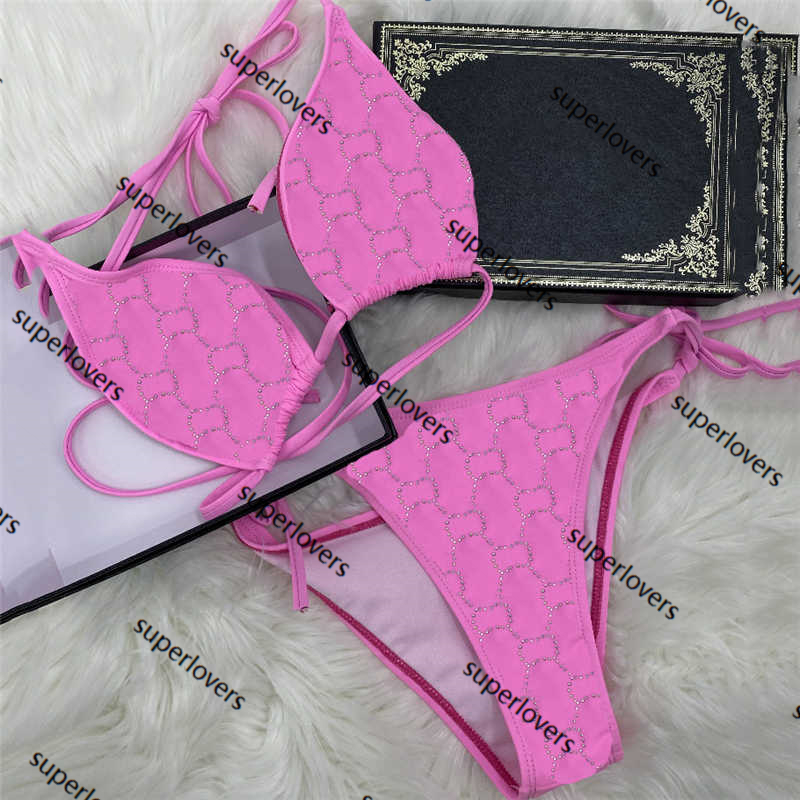 

Vintage Letters Diamond Bikinis Latest Summer Split Padded Swimwear for Women Womens Holiday Beach Diving Spa Swimsuit 2 Colors, Pink