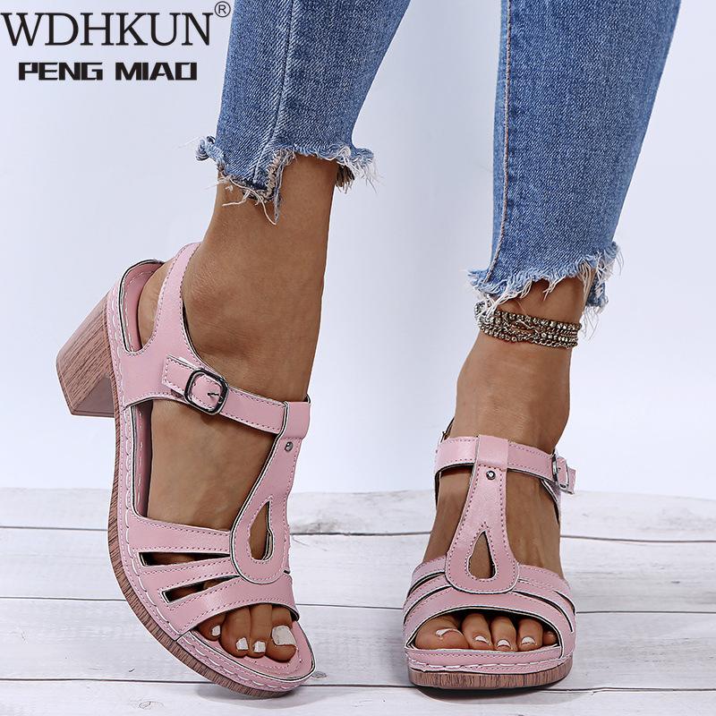 

Summer Shoes Women High Heels Sandals Casual Woman Heeled Peep Toe Mother Square Heel 7.5cm, Black