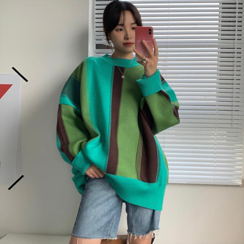 

[ewq] lazy style fried women sweaters street loose outer wear autumn and winter wild long sleeved retro striped, White;black