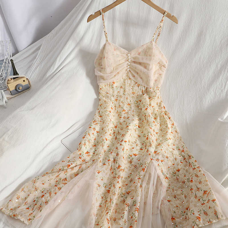 

Bohemian Floral Printed Beading Sequin Dress Women Spring Summer Sexy Mesh V-Neck Spaghetti Strap Vestidos Female 2021 New Robe Y0603, Apricot