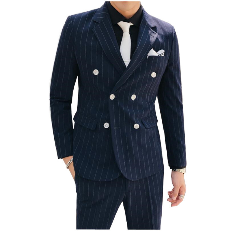 

Men's Suits & Blazers wedding suit two with tweed stripe pants man retro tux homme double breasted, Black