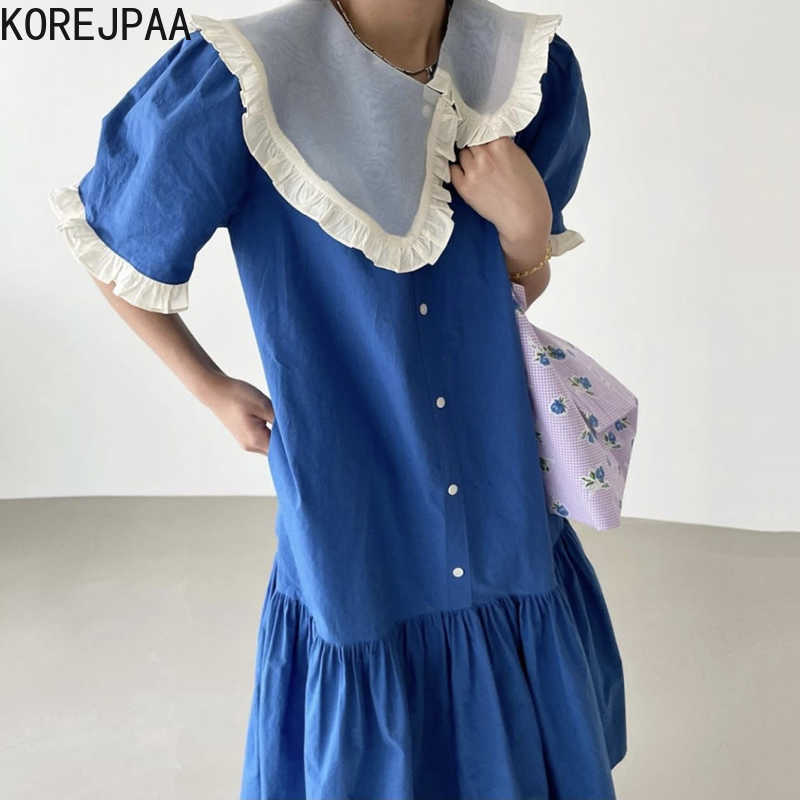 

Korejpaa Women Dress Korean Chic Kawai Irregular Doll Collar Ruffles Loose Single Row Buckle Short Sleeve Fishtail Vestido 210526, Yellow