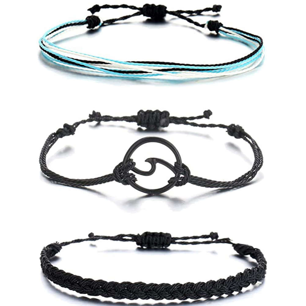 

Creative wax thread braided 3-piece wave twist bracelet summer Bohemian multi-layer Bracelet Set, Golden;silver