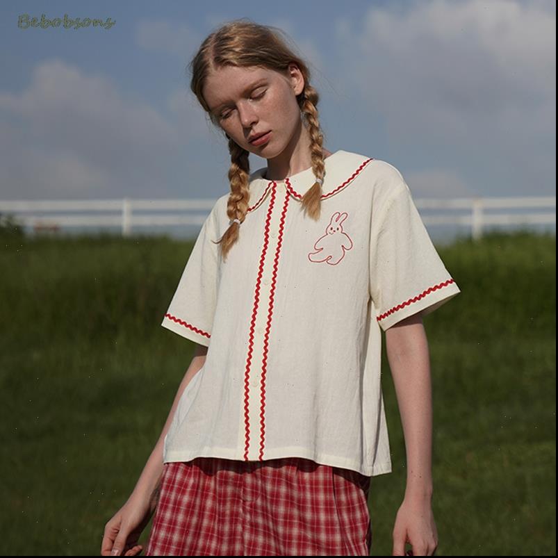 

vintage cotton women shirts white sweet lace embroidery bunny summer blouse peter pan collar casual loose