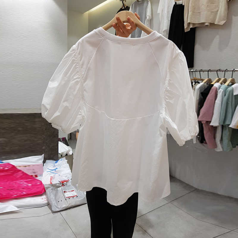 

Summer Loose Puff Sleeves O Neck White Solid T-shirt Women's Casual Top 210615