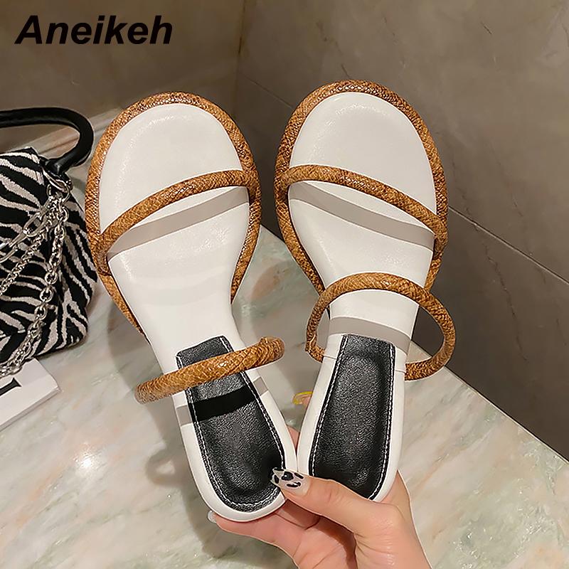 

Slippers Aneikeh 2021 Summer Solid Women Beach Mules Round Toe Thick Heel PU Slides Fashion Net Shallow Leisure Concise And Easy, Black