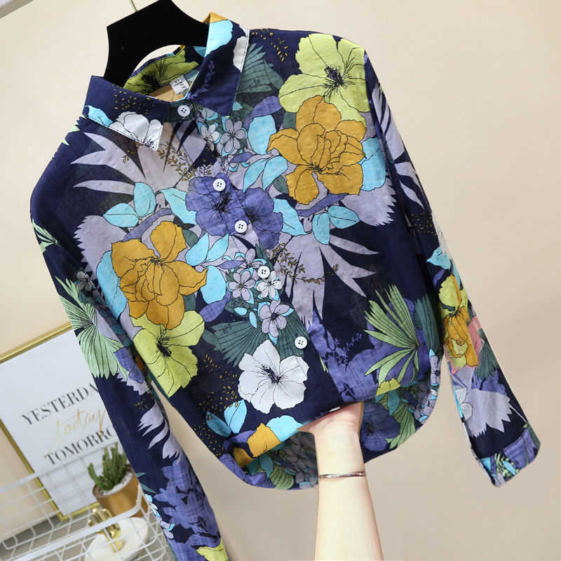 

Spring Autumn Fashion Women Long Sleeve Shirts Plus Size Turn-down Collar Vintage Print Loose Casual Shirt Female Blouses D508 210608, Blue