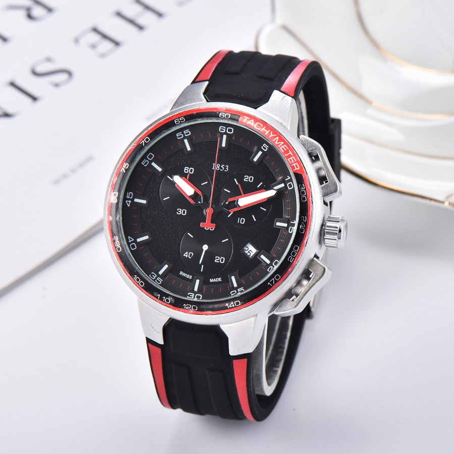 

Fashion Brand Watch Men TISS 1853 Multifunction style Rubber Strap quartz wrist Watches Small dials can work TT49, Black orange