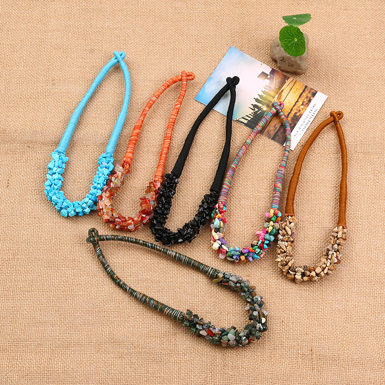 

Fashion Girls Bohemian Natural Pink Quartz Stones Necklaces Women Braided Turquoise Marble Stone Beads Statement Choker Female Jewelry Party, Silver