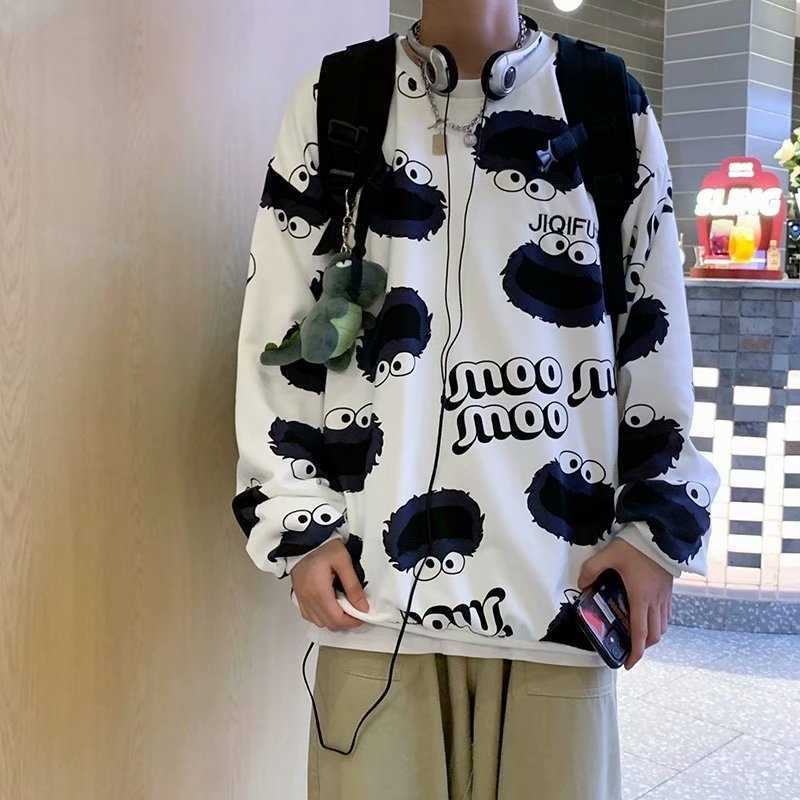 

Bodysuit men's fashion brand sesame street couple hip hop coat loose and versatile new autumn round neck top, White