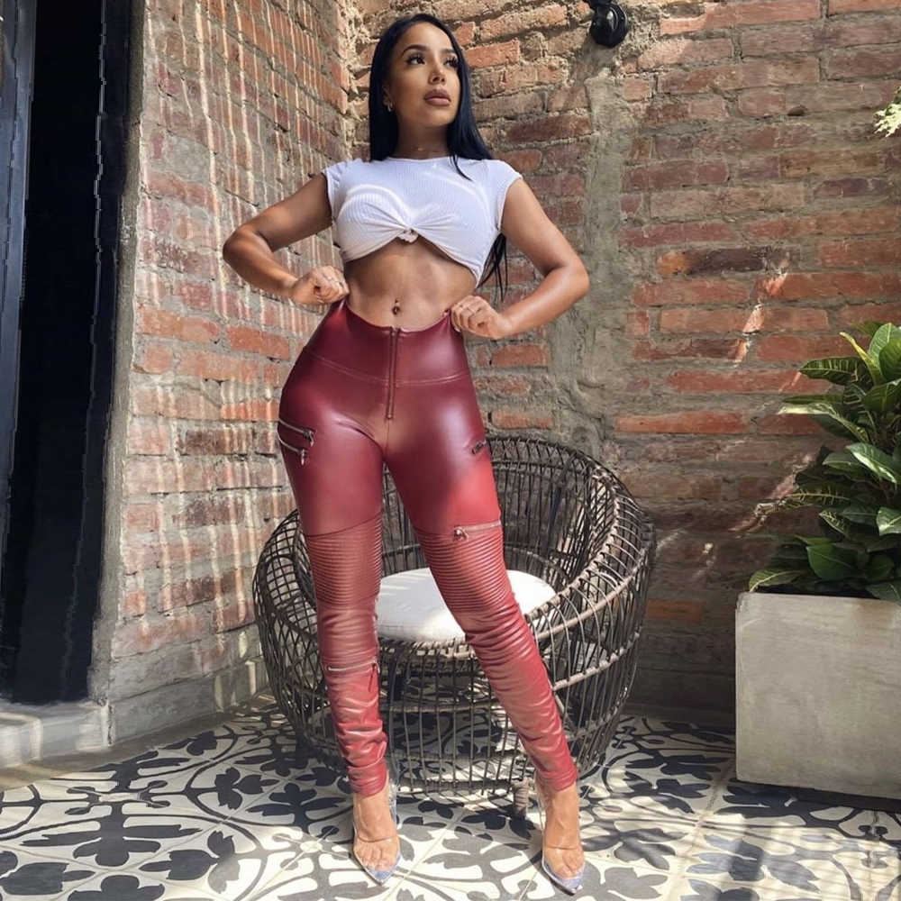 Women Zipper Tight Leather Pants 