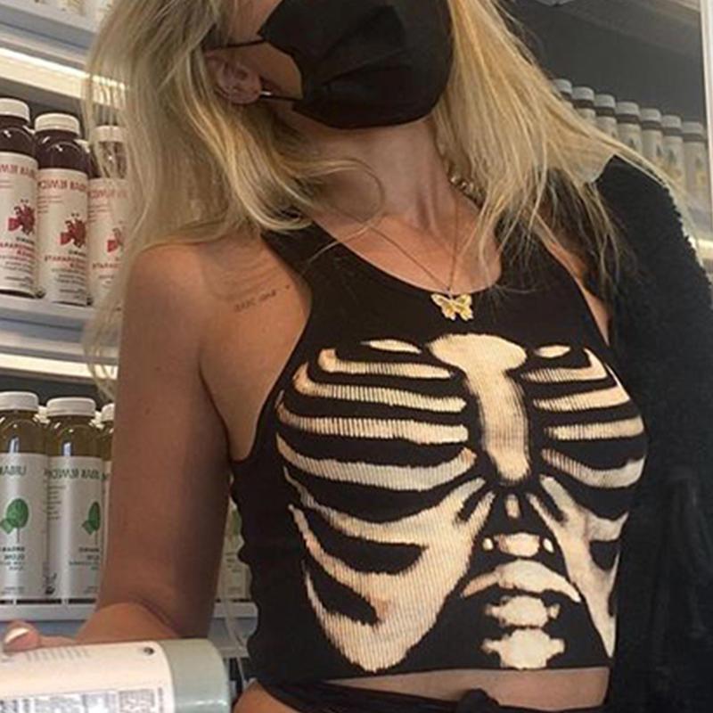 

Women's Tanks & Camis Summer Wear Pinted Knitted Crop Top Y2k Aesthetic Goth Sleeveless Black Slim Women Harajuku Tee Vintage Fashion Street, White