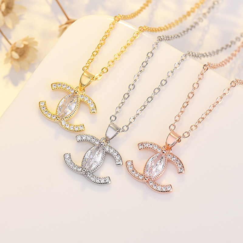 

Qiaolanxuan Micro Inlaid Zircon Imitation Silver Necklace Japanese and Korean Temperament Female Horse Eye c Letter Pendant Two