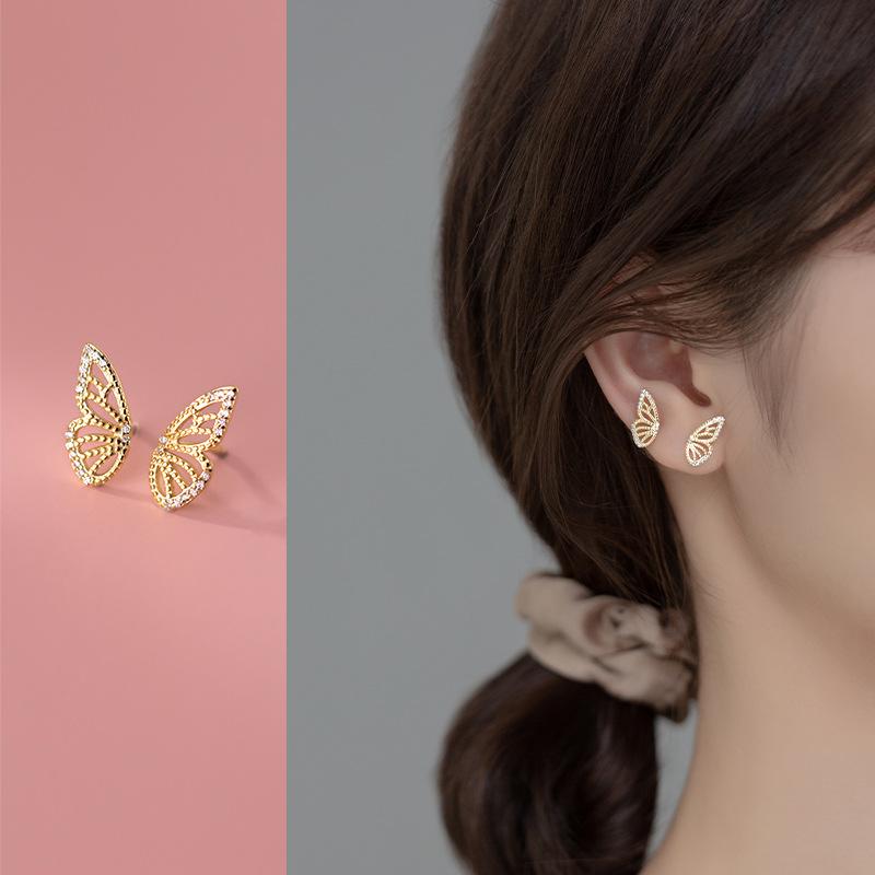

Stud 925 Sterling Silver Cute Butterfly Earrings Simple Animal Small Earring Female Jewelry Ear Accessories, Golden;silver