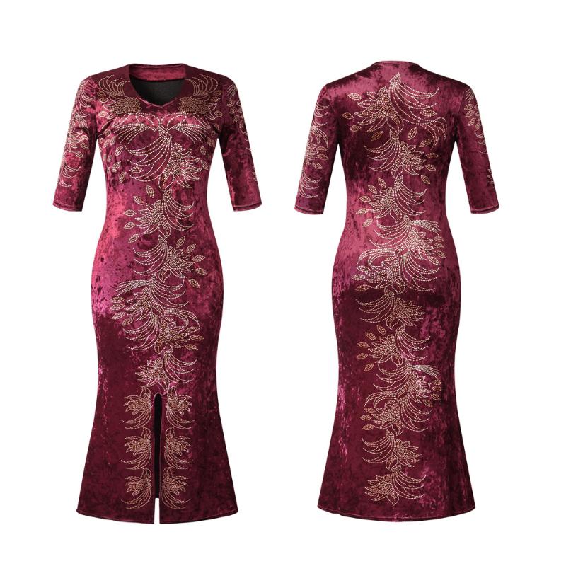

Casual Dresses African Women's Clothing Printed Stitching Front Slit Commuter Plus Size Dress Knitting Flowers Golden Velvet Cotton Elegant, Black