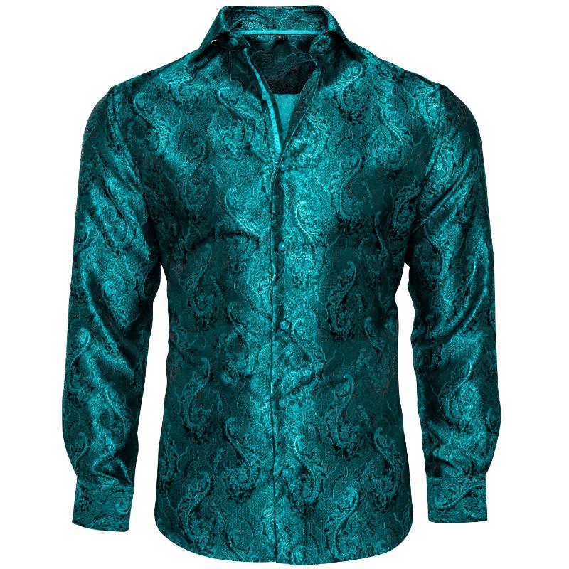 

Teal Blue Paisley Silk Shirts Men Long Sleeve Shirt Soft Comfortable Dress Slim Fit Social Business DiBanGu Men' Casual, Yc-2003