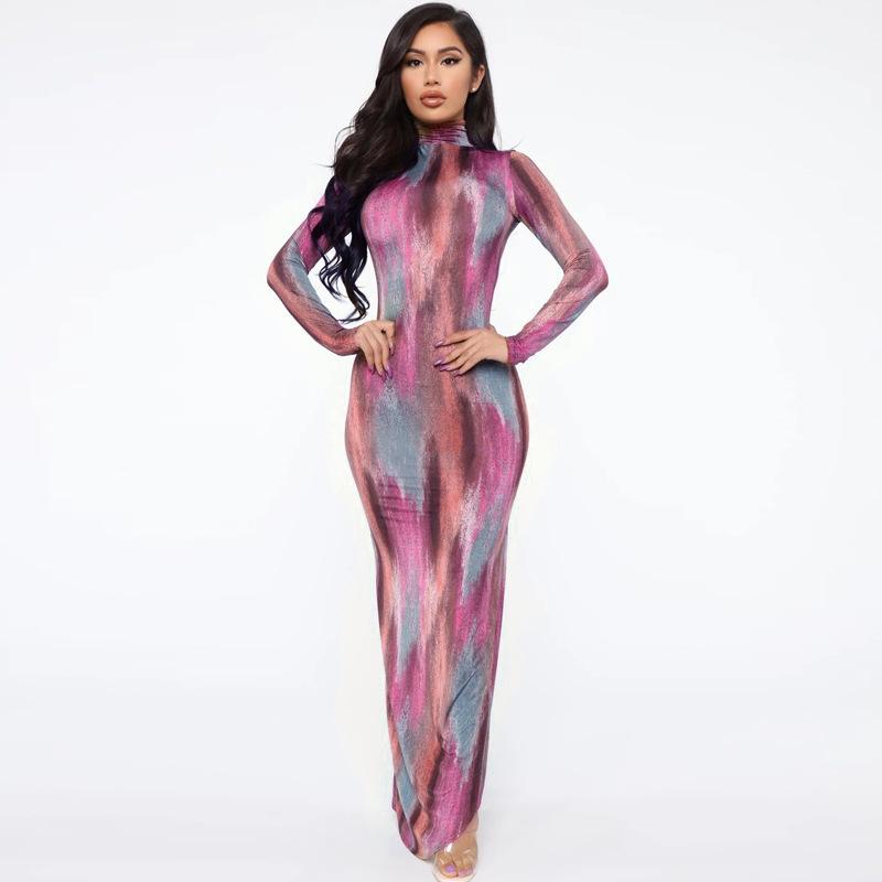 

Casual Dresses Winter Style 2021 Arrivals Dress Long Sleeve Turtleneck Print Split Elegant High Street, Multi