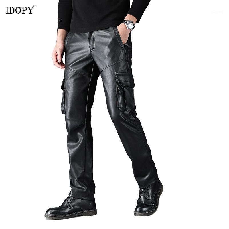 

Men's Pants Idopy Men`s Faux Leather Cargo Military Style Multi Pockets Elastic Waist Army Tactical PU Soft Trousers Plus Size, Black