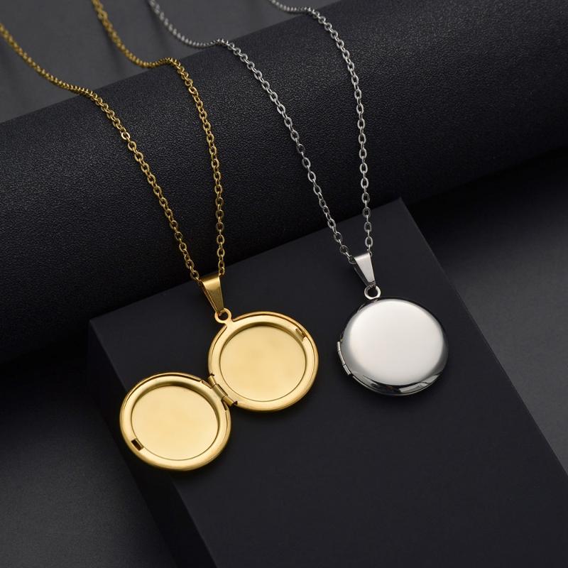 

Chains Stainless Steel Round Locket Pendants For Women Men Openable Po Frame Glossy Necklaces, Silver