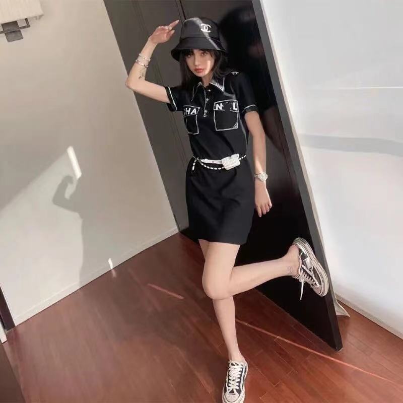 

Casual Dresses quality for women in summer 2021 French ladies style letterprint slim dress, Black;gray