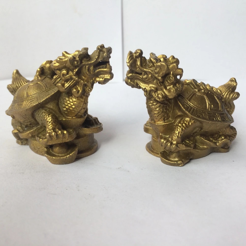

1 pair of copper brass carved trad home decoration fengshui Dragon Turtle longevity Statues metal handicraft