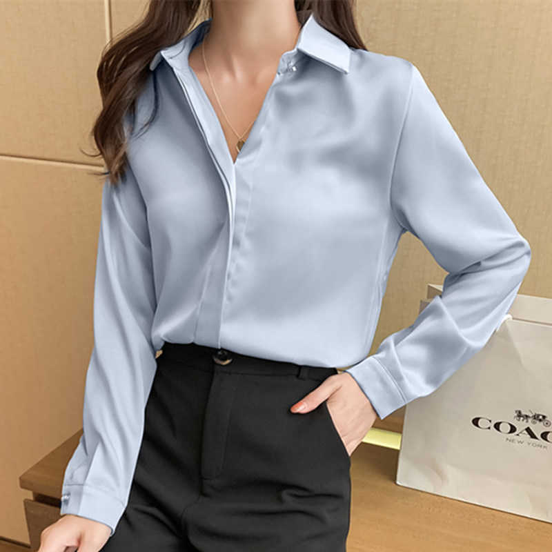 

Silk Shirt Satin Blouse for Long Sleeve Office Lady White Shirt Woman Solid Tops Plus Size XXL 210604, Silver