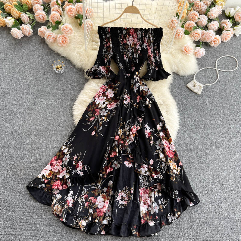 

One-line neck strapless flared sleeve elastic slim mid-length irregular holiday dress female summer beach skirt 210525, White