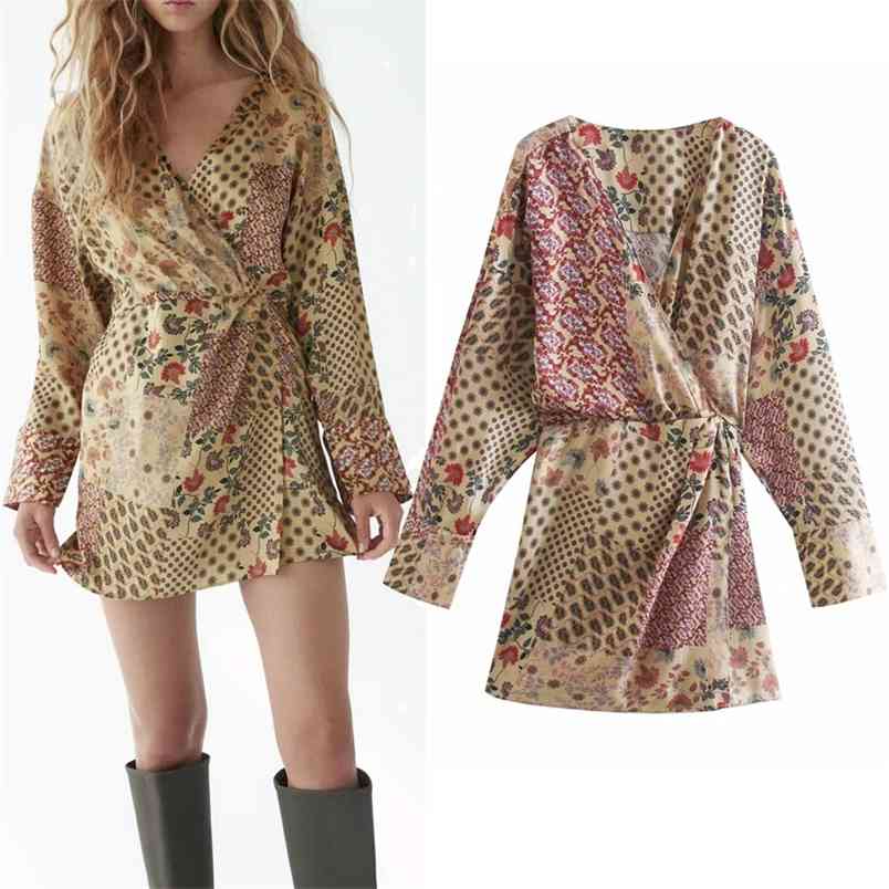 

Printed Playsuit Mini Dress Women Vintage Long Sleeve Crossover V-neck Wrap Woman Elastic Waist Casual es 210519, Print