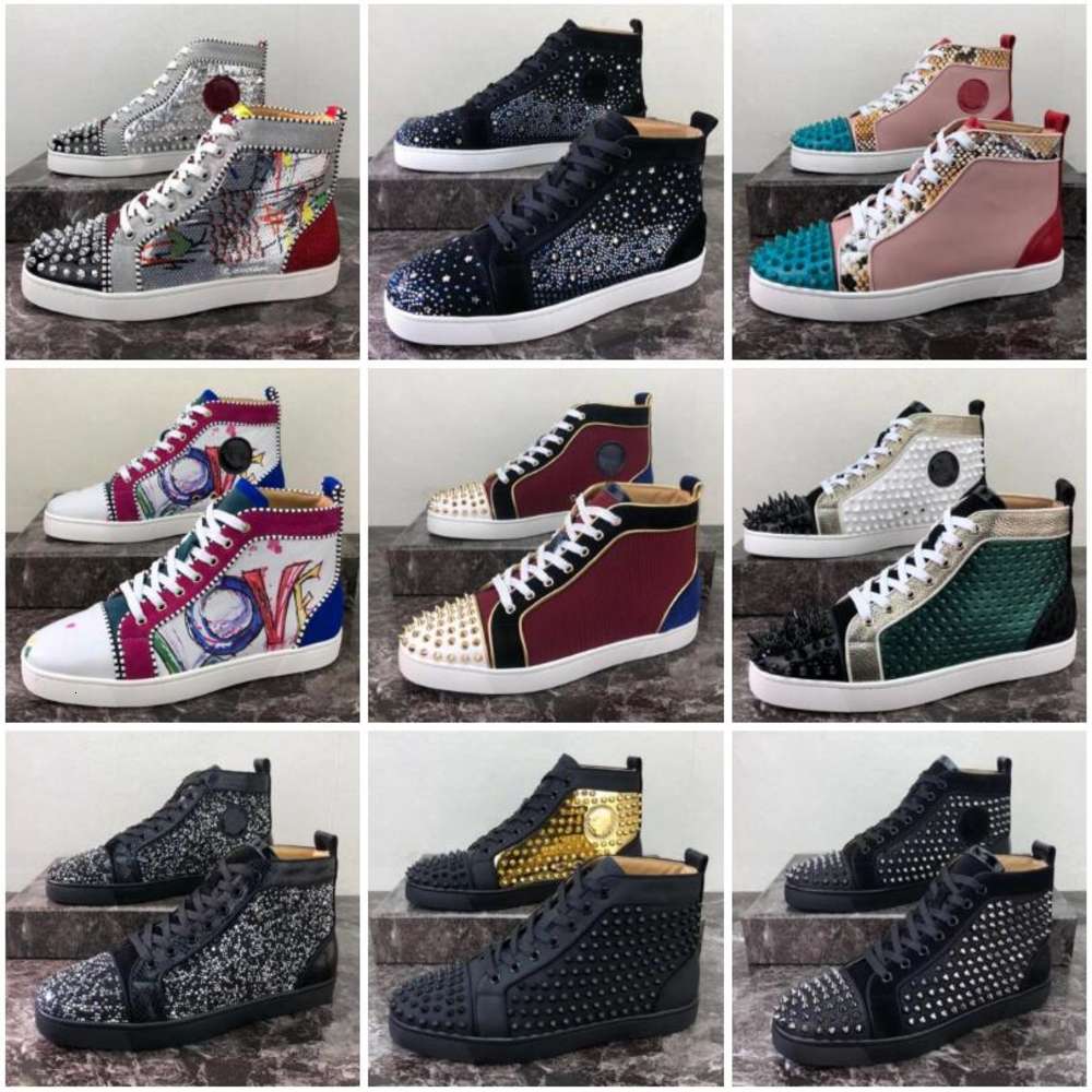 

Fashion Red Bottoms Shoes Studded Spikes Flat designer Sneakers For Men Women Low Cut Suede Glitter Party Lovers Wedding Genuine Leather, Color 5