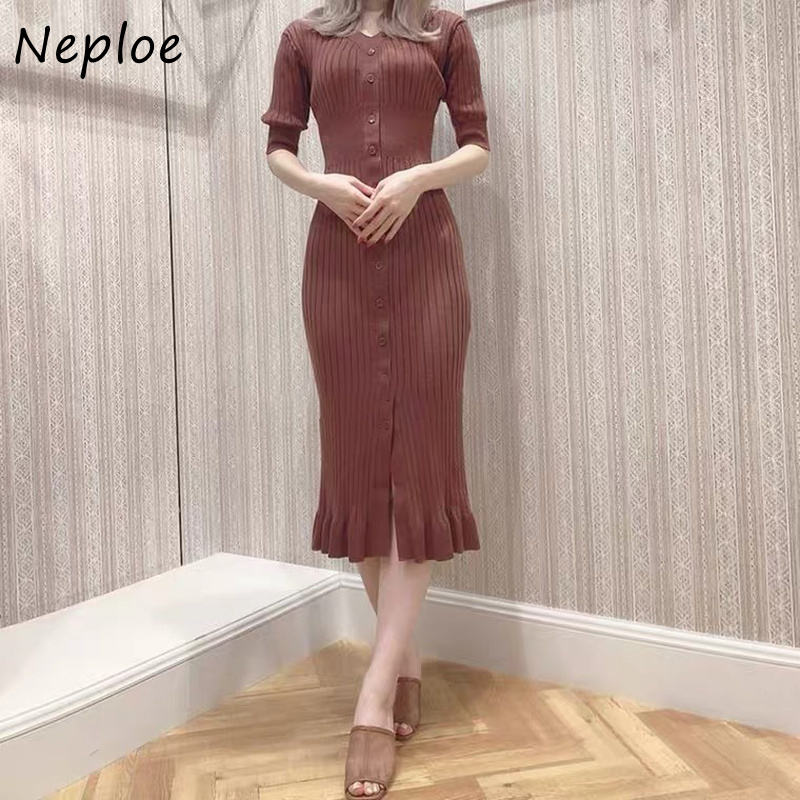 

Neploe Chic Button Slim Waist Knitted Dress Sexy V-neck Elegant Femme Vestidos Solid Color 2021 Fashion Bodycon Dresses Women, Red brown