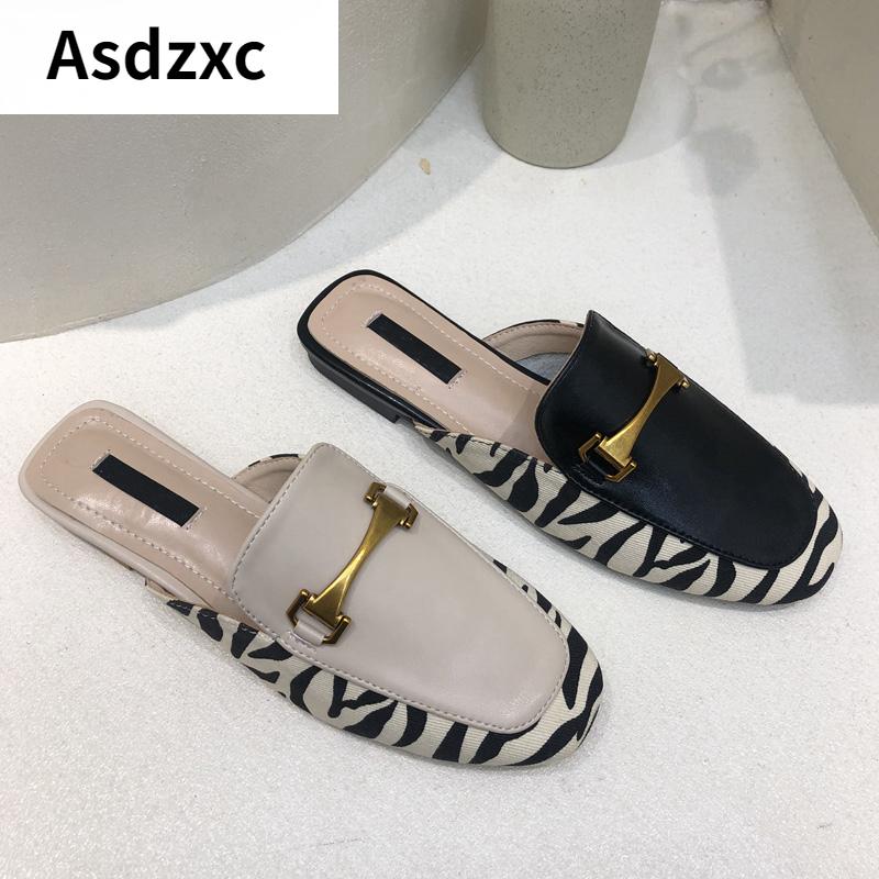 

Slippers 2021 Spring Mule Round Toe Flat Heel Slides Brand Metal Buckle Slip On Casual Slipper Sandal Shoes, Black
