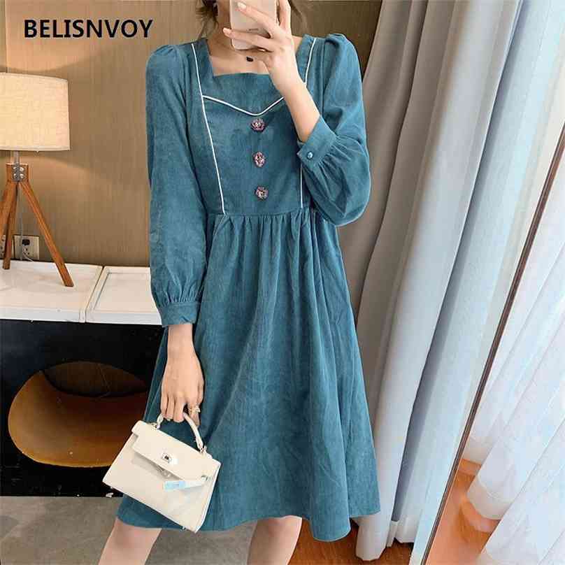 

Autumn Winter Square Collar Women Dress Retro Hepburn style Puff Sleeve Corduroy Veatidos Lady Elegant A-Line Blue Midi Dresses 210520