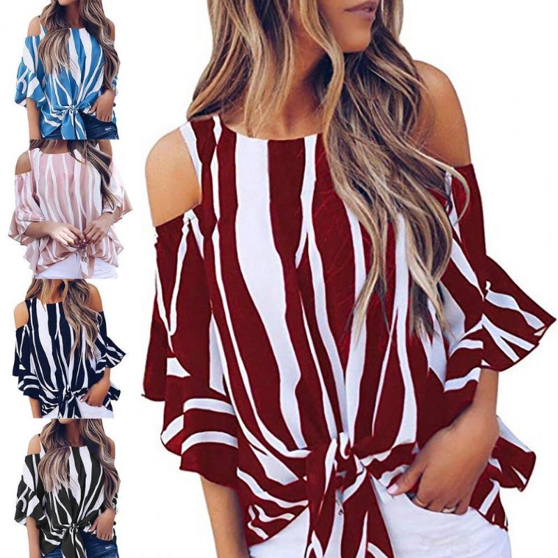 

Women's Blouses & Shirts Fashion Loose Blouse Off Shoulder Bowknot Shirt Three Quarter Sleeve Flare Striped Women Tops For Daily Wear Street, White