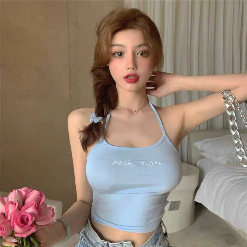 

Fiery summer sky blue camisole feminine short section exposed belly lace top letter embroidery mini vest beach party 210604