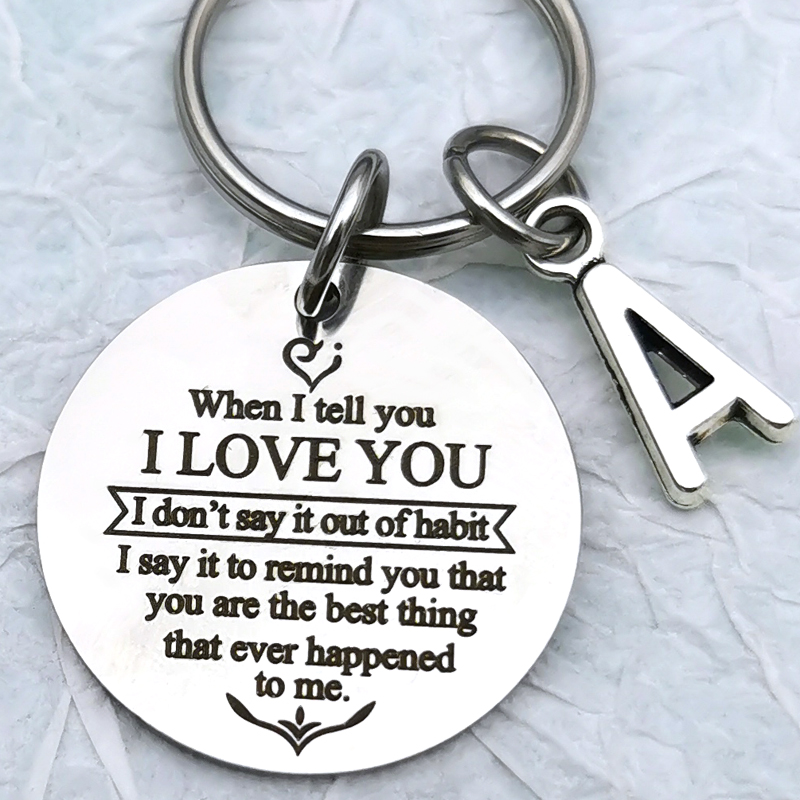 

Couples Gift Keychains European and American Fashion GirlFriend Boyfriend or Wife Stainless Steel Round Letter Gifts Keyring DIY Customizabl, Silver