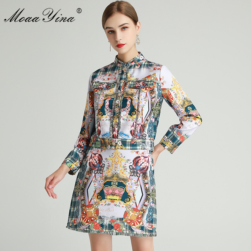 

Fashion Set Spring Women' Long sleeve Tassel Single-breasted Tops+Short skirt Indie Folk Print Two-piece sets 210524, Multi