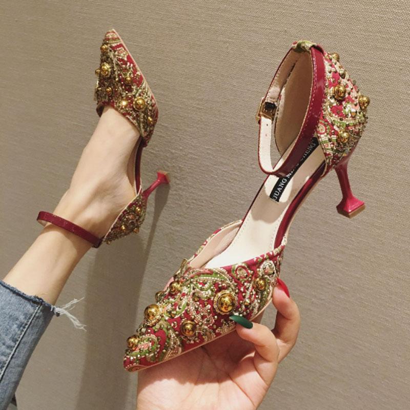 

Dress Shoes High Heeled Women Rivet Sandals Slippers Slim Heels Women's Shallow Pointed, Black