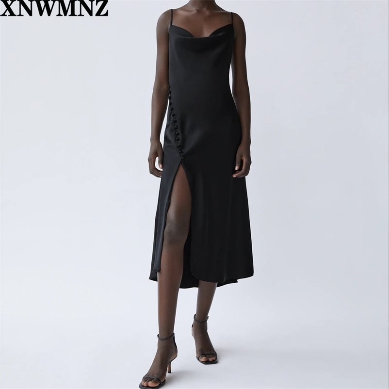 

XNWMNZ za Woman Dress V Neck Vintage Backless Spaghetti Strap Midi Dress Elegant Side Split Vestido De Mujer Famous Party Dress 210719, Black