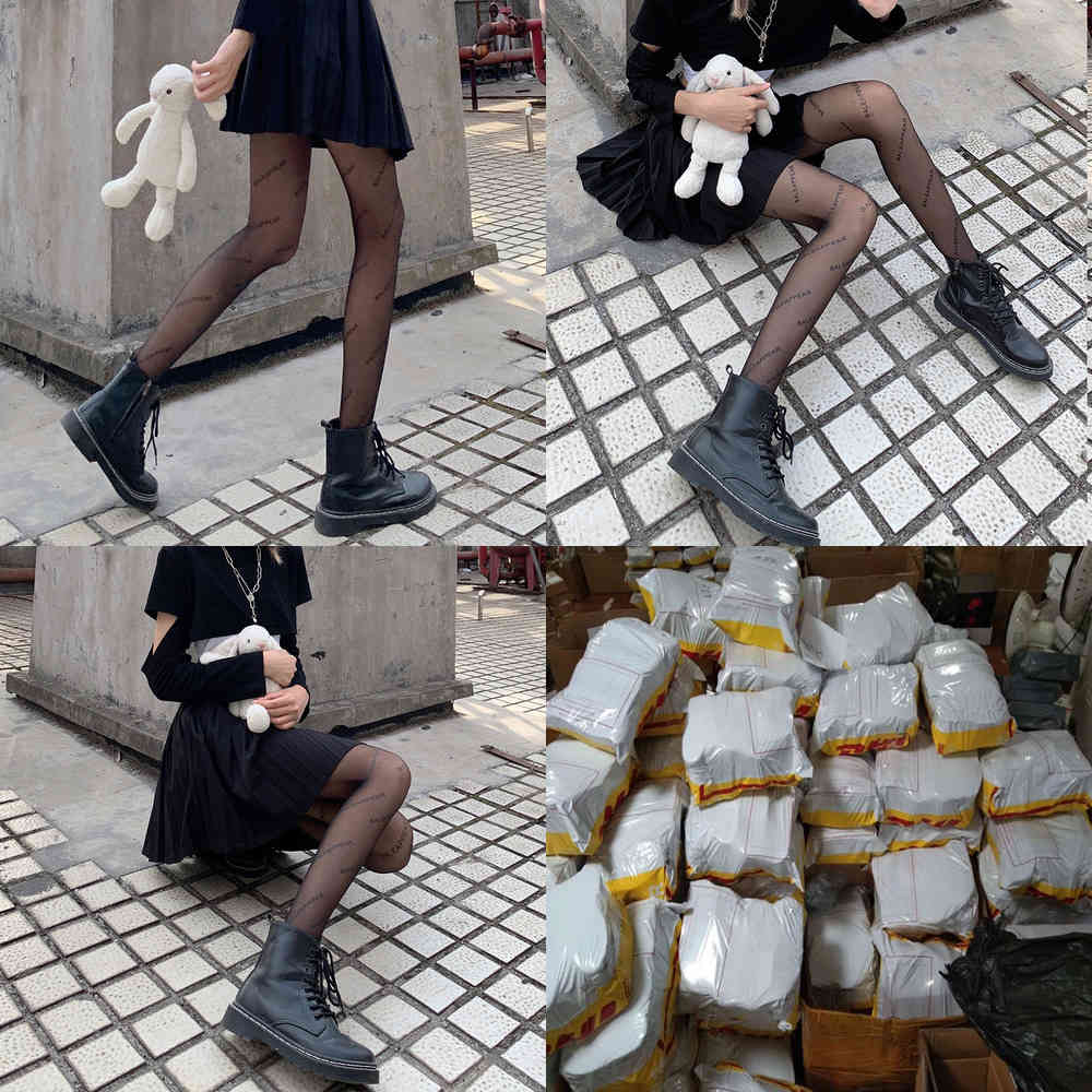 

Black Letter Silk Stockings Panties Net Red Printing Fashion Brand Autumn and Winter Socks Children's Thin Sexy Plush Thickening
