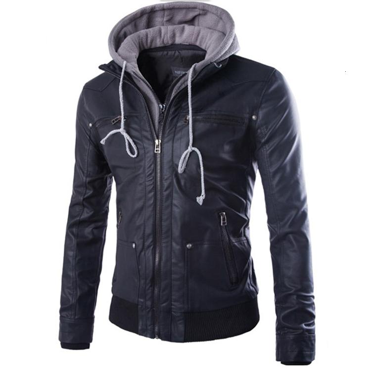 

Men's Fur & Faux Mens Leather Jacket Brand Slim Hooded Biker Motorcycle Men Outerwear PU Coat Clothing, Black