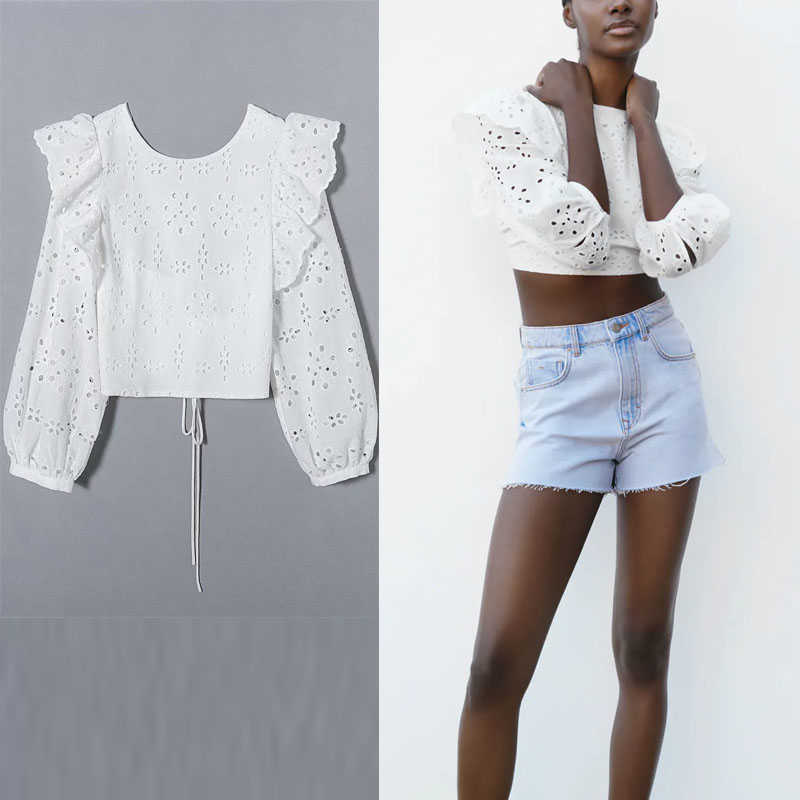 

Za Embroidered Crop Blouse Women Ruffle O Neck Puff Sleeve Openwork Embroidery Summer Top Woman Sexy Backless White Shirt 210602