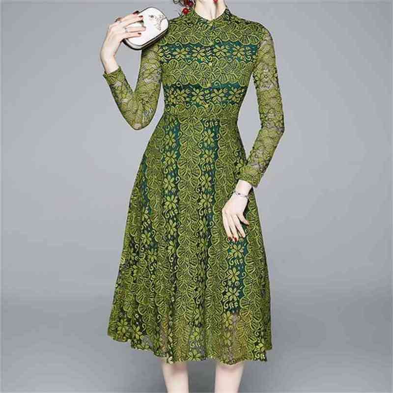 

Summer Party Lace Dress Womens Slim A-line Hollow Out Vestidos Elegant Mid-Calf Work Casual Big Swing Vintage Dresses 210603, Picture color